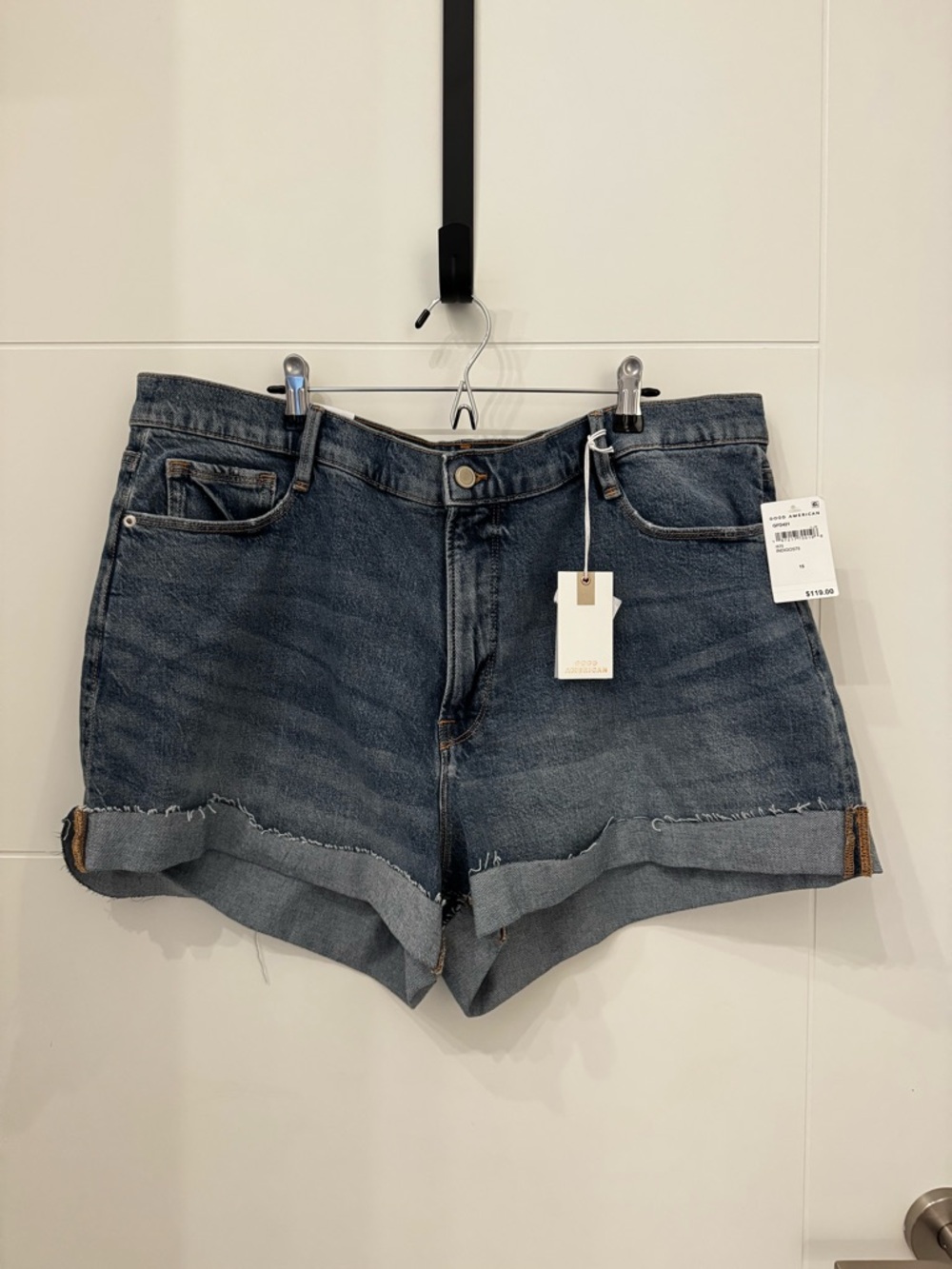 Good American Dark Blue Rolled Hem Denim Shorts